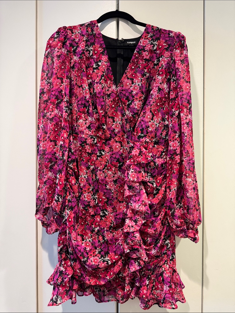 Express Hot Pink & Black Floral Wrap Dress